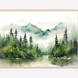 Mountain lake watercolor landscape pine tree wall art blue green art prints pine forest painting minimalist wall decor