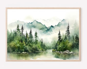 Mountain Lake Watercolor Print Pine Forest Wall Art Minimalist Blue Green Nature Decor