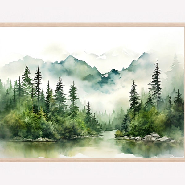 Mountain lake watercolor landscape pine tree wall art blue green art prints pine forest painting minimalist wall decor