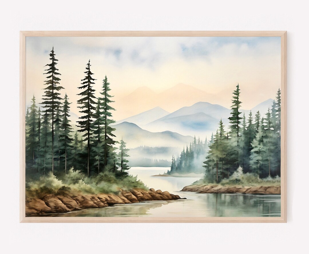 Misty Mountain Watercolor Painting Pine Tree Wall Art Panoramic ...