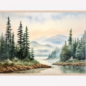 Misty mountain watercolor painting pine tree wall art panoramic landscape mountain river prints teal forest art print blue green wall decor