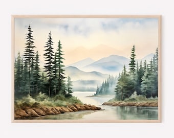 Misty mountain watercolor painting pine tree wall art panoramic landscape mountain river prints teal forest art print blue green wall decor