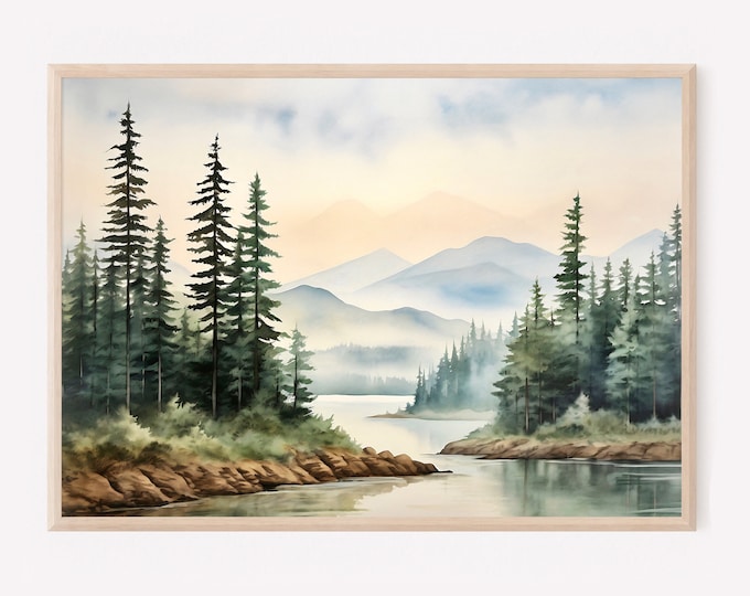 Large Minimalist Forest Painting Set of 3 Prints Mountain Lake Wall Art ...
