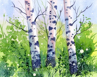 Birch Trees Original Watercolor Painting Aspen Tree Forest Wall Art