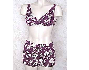 Vintage 1960s Bikini Swim Suit / 60s Two Piece Vintage Cotton Floral Print Bathing Suit / Vintage Floral Hawaiian Bikini Swimsuit