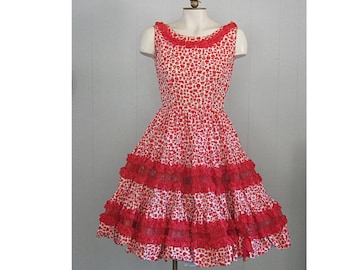Vintage 1950s Cotton Sundress: Red Floral Novelty Print, Full Skirt