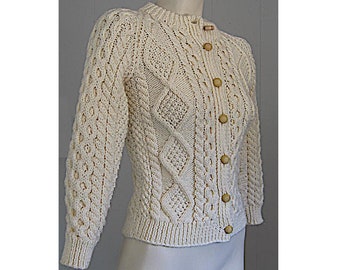 Vintage Cable Knit Cardigan Sweater: Chunky Fisherman Knit, Handmade 1960s (XS)