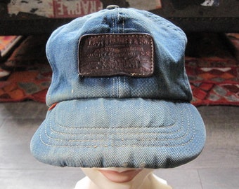 Vintage Levi's Denim Hat /  1970s Levis Orange Tab Leather Label Strapback Trucker Cap / Distressed Levi Jean Baseball Hat Worn Faded Frayed