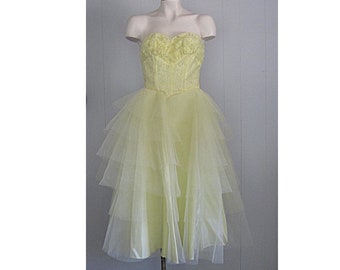 1950s Prom Dress / Yellow Tulle Fit & Flare Full Skirt 50s Party Dress / Vintage Wedding Bridesmaid Dress