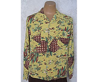 Vintage 1940s Rayon Hawaiian Shirt: Pineapple Palm Print Aloha Shirt