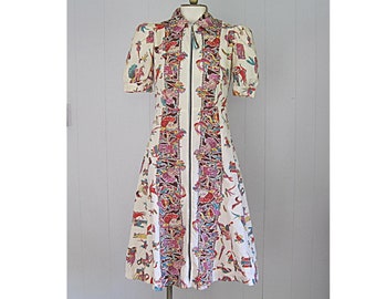 1940s Vintage Tiki Dress / 30s 40s Novelty Print Puff Sleeve Zip Front Day Dress