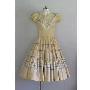 Vintage 1950s Patio Dress: Yellow Tiered Skirt, Silver Embroidery