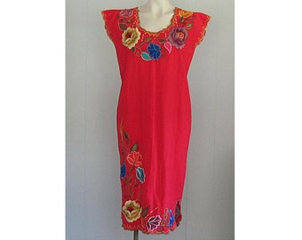 Vintage Embroidered Mexican Caftan Dress / Red Floral Oaxacan Summer Dress