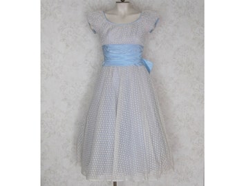 1950s Vintage Party Dress / '40s '50s Sheer White Polka Dot Flocked Dress With Wide Blue Waistband and Bow