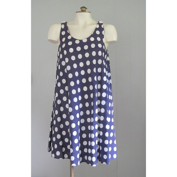 1960s Vintage Trapeze Dress / Blue and White Polka Dot Cotton Sleeveless '60s Vintage Summer Dress