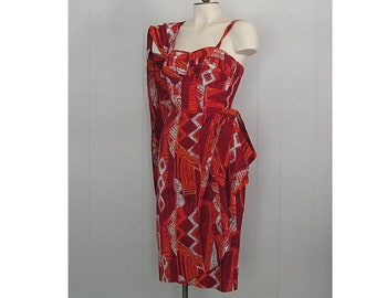 1950s Vintage Lauhala Cotton Sarong Dress / Red and White Vintage Hawaiian Wiggle Dress With Detatchable Drape