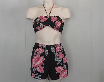 1940s Vintage Hawaiian Floral Rayon Bikini: Halter Top Swim Suit