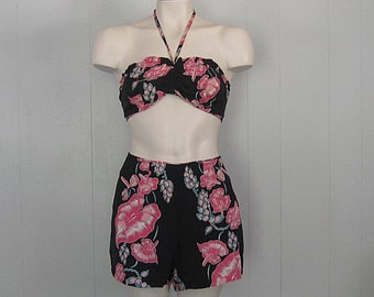 1940s Vintage Hawaiian Floral Rayon Two Piece Pinup Bathing Suit / '40s '50s Tiki Halter Top Bikini Swim Suit With High Waist Shorts