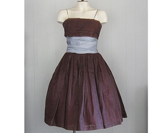 1950s Vintage Chiffon Party Dress / Brown and Blue 50s Fit & Flare Full Skirt Cocktail Dress / Vintage Prom or Bridesmaid Dress
