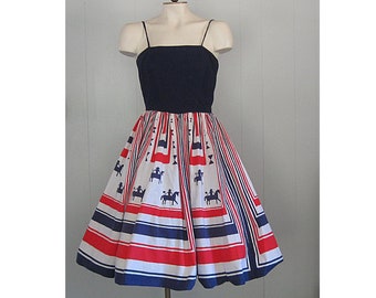 1950s Vintage Cotton Novelty Print Fit & Flare Summer Sundress / '50s Red White Blue Horse and Rider Full Skirt Sun Dress