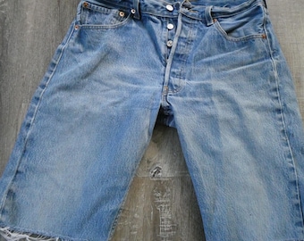 Vintage Levi's 501 Jean Shorts Button Fly Distressed Denim 34 X 34 Tag Levi's Cut Off Long Jorts Fray Fade Holes 1990s Y2K