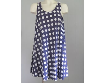 1960s Vintage Trapeze Dress / Blue and White Polka Dot Cotton Sleeveless '60s Vintage Summer Dress