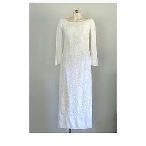 1960s Beaded Gown Dress / Elegant Floor Length White &#39;60s Column Shift Dress With Floral Beading / Vintage Wedding Dress