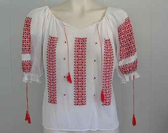 Vintage Romanian Peasant Blouse / White Red and Black Embroidered Cotton Hungarian Bohemian Top