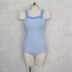 1960s Vintage Bathing Suit / 50s 60s Ricky Blue and White Striped Knit One Piece Maillot Swim Suit