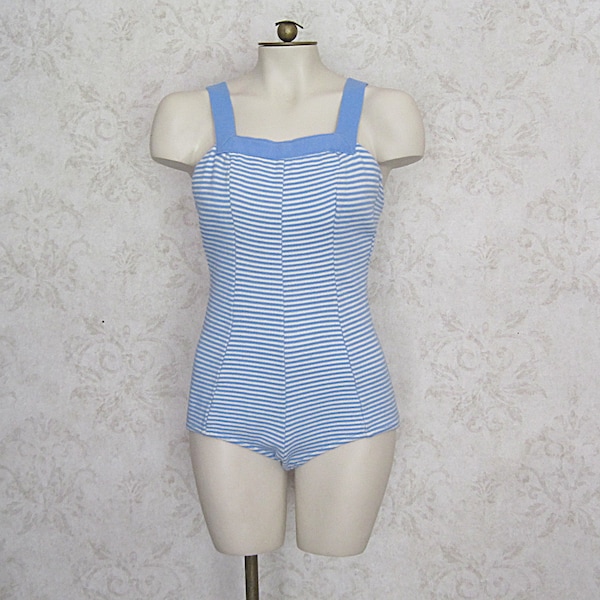 1960s Vintage Bathing Suit / 50s 60s Ricky Blue and White Striped Knit One Piece Maillot Swim Suit