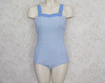 1960s Vintage Bathing Suit / 50s 60s Ricky Blue and White Striped Knit One Piece Maillot Swim Suit