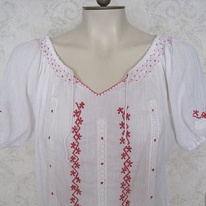 Vintage Hungarian Peasant Blouse / Embroidered White and Red Cotton Romanian Tunic Top image 1