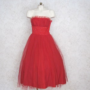 1950s Red Tulle Prom Dress With Rhinestone Embellished Waist / &#39;50s Vintage Cocktail Party Dress Evening Gown