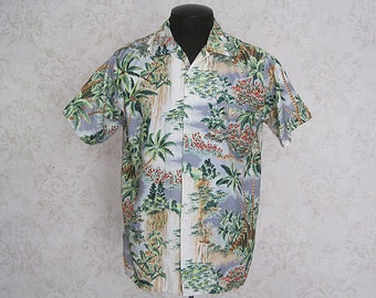 Vintage Rayon Hawaiian Shirt: 1960s Tiki Aloha, Loop Collar, Made in Japan (L/XL)