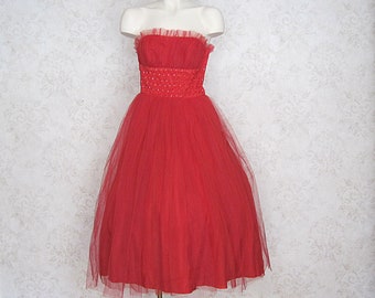 1950s Red Tulle Prom Dress With Rhinestone Embellished Waist / '50s Vintage Cocktail Party Dress Evening Gown