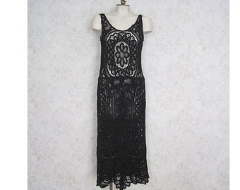 Vintage Black Lace 20s Style Flapper Dress / Crochet Lace Sleeveless Tango Cocktail Dress