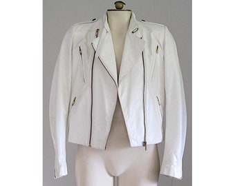 Vintage Leather Motorcycle Jacket / 1990s Wilsons Leather Biker Jacket / Vintage White Leather Moto Jacket Tag Size 8 Current XS/S