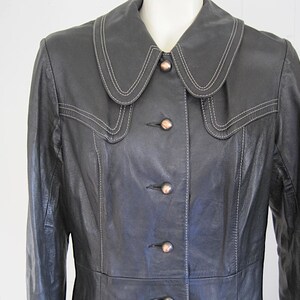 1960s Black Leather Trench Coat: Mod White Topstitch Duster, Small image 2