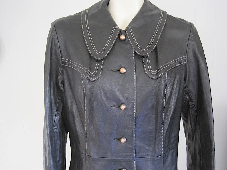 1960s Black Leather Trench Coat: Mod White Topstitch Duster, Small image 2