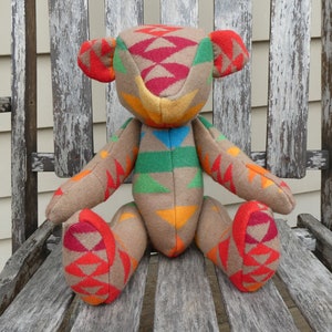Vintage Pendleton Wool Blanket Jointed Teddy Bear / Multi Color Navajo Rainbow Toy Plush Stuffed Animal
