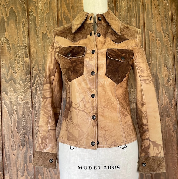 1970s Vintage Leather Trucker Jacket: Marbled Beige Suede Accent