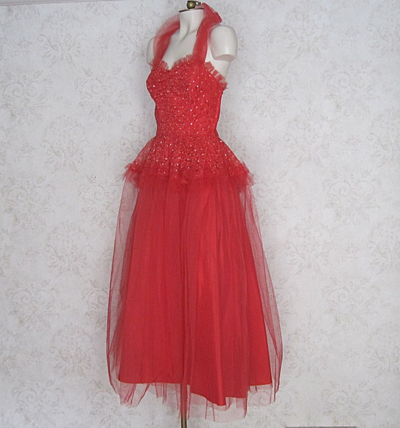 1950s Vintage Party Dress / Red Tulle '50s Cockta… - image 5