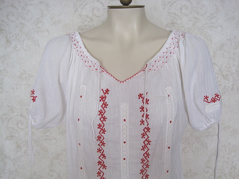 Vintage Hungarian Peasant Blouse / Embroidered White and Red Cotton Romanian Tunic Top image 1