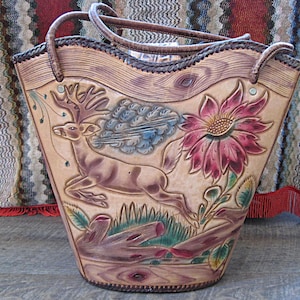 Vintage Hand Tooled Leather Purse / 1950s Handcrafted 3D Tooled Painted Handbag With Roses Butterflies Deer Woodgrain Bucket Purse