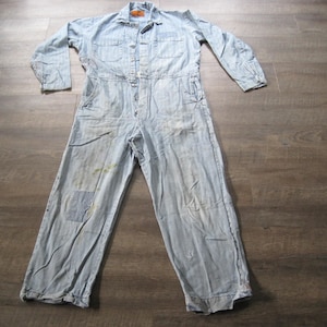 Vintage SofTuf Coverall / Distressed Denim Herringbone Twill Workwear Jumpsuit / Vintage Mechanic Overalls Boiler Suit