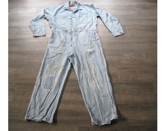Vintage SofTuf Coverall / Distressed Denim Herringbone Twill Workwear Jumpsuit / Vintage Mechanic Overalls Boiler Suit