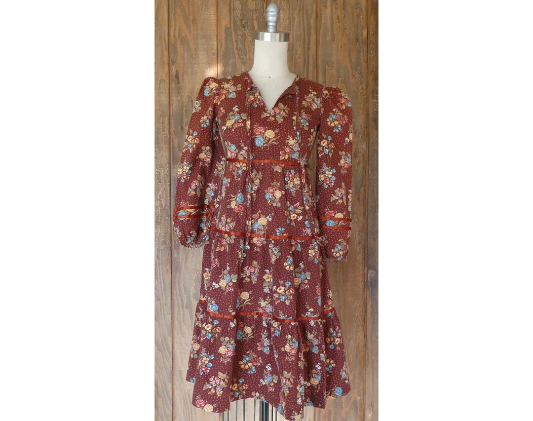 Vintage 1970s Floral Prairie Dress Handmade Gunne Sax Style Long Sleeve ...