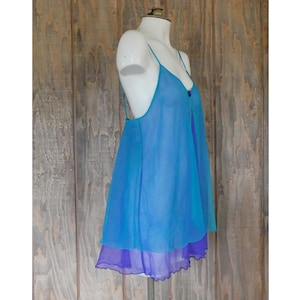 Vintage 1980s Sheer Babydoll Nightie / Double Layer Nylon Chiffon Ultra Mini Turquoise Green and Purple Undercover Wear Medium &#39;70s Negligee