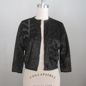 1950s Vintage Sequined Cardigan Sweater / Full Sequin Botanical Leaf Pattern Evening Jacket Shrug