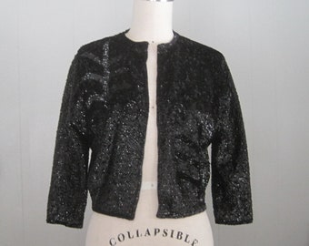 1950s Vintage Sequined Cardigan Sweater / Full Sequin Botanical Leaf Pattern Evening Jacket Shrug